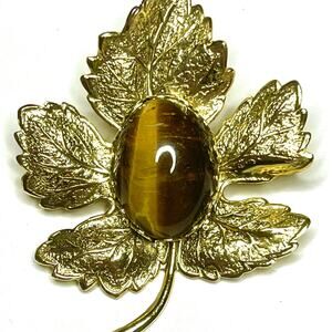 Vintage Brooch Maple Leaf Genuine Tigers Eye Gemstone Vtg Jewelry F023